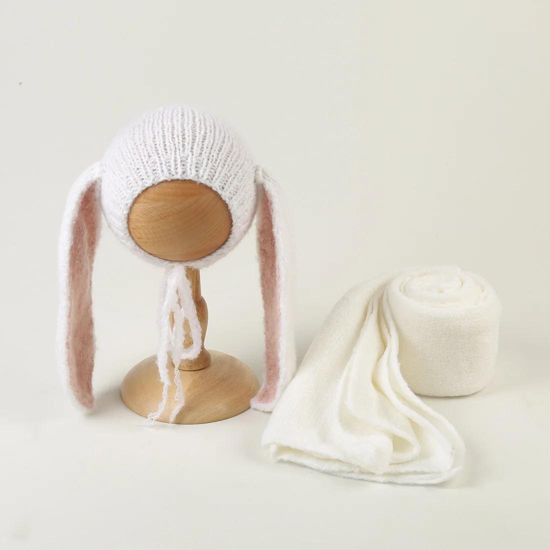 Ensemble bonnet lapin en tricot pour nouveau-né, accessoires de photographie, bonnet lapin doux, com