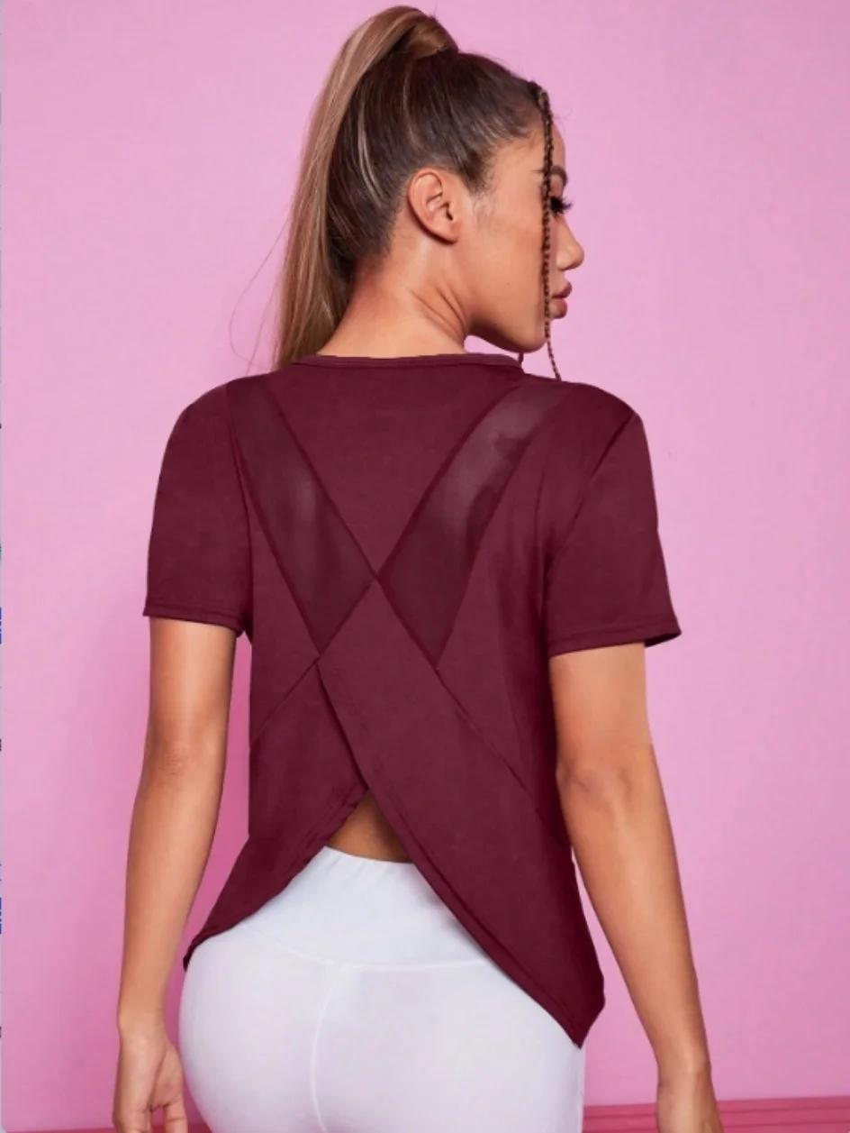 Tenue de Yoga pour femmes, T-shirt de sport d'été, ample, respirant, séchage rapide, haut en maille,