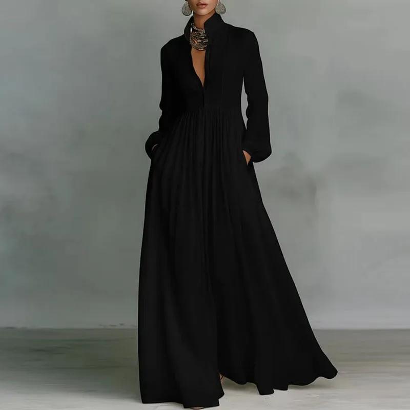 Robe longue élégante à taille haute pour femme, style swing, avec poches, plissée, pour le printemps
