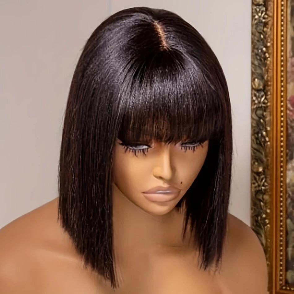 WiggKnitting-Perruque Bob Lace Wig avec Frange, Cheveux Naturels Lisses, Faite à la Machine, Partie