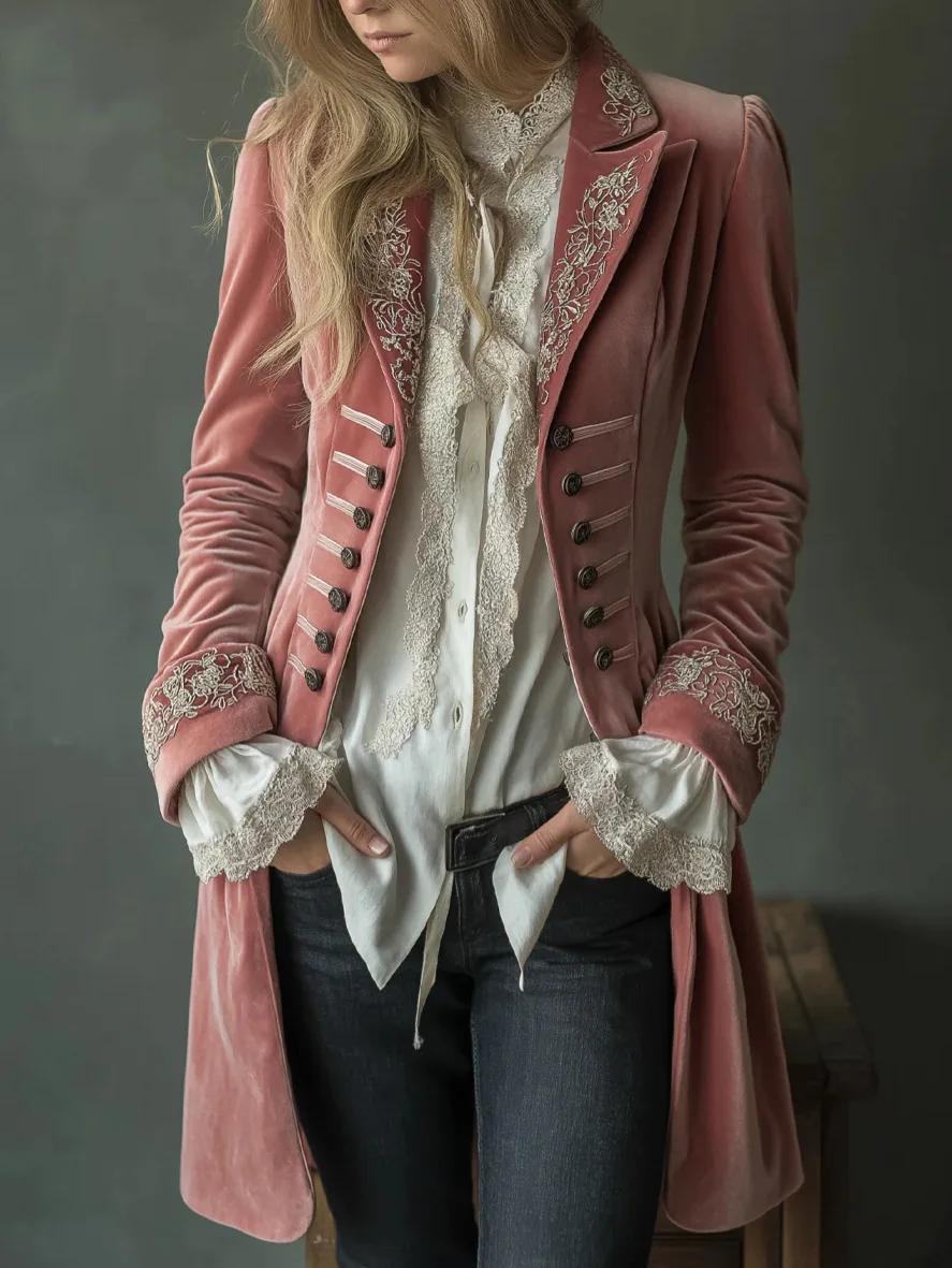 Veste Blazer Femme Vintage en Velours Doré, Printemps Automne, Couleur Unie, Patchwork, Dentelle, Él