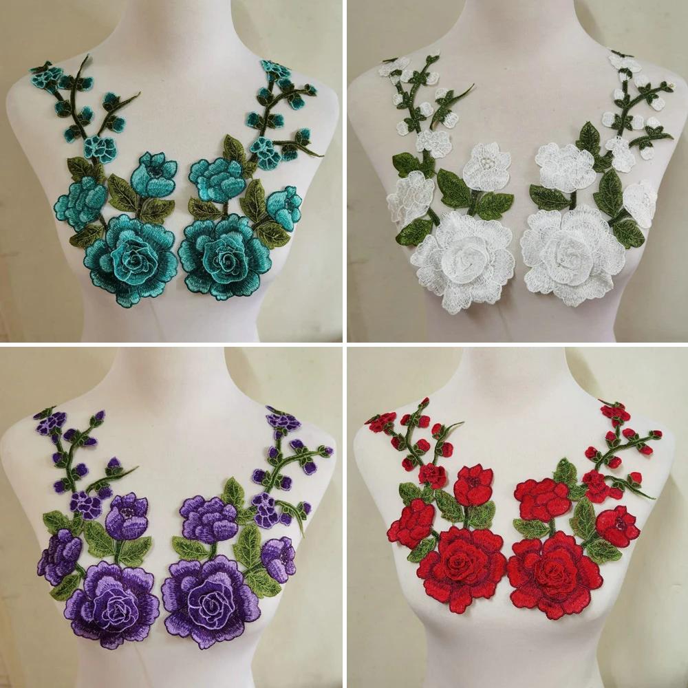 Patch brodé de fleurs 3D, 2 pièces/ensemble, pour jupe de soirée, vêtements, col en dentelle, décora