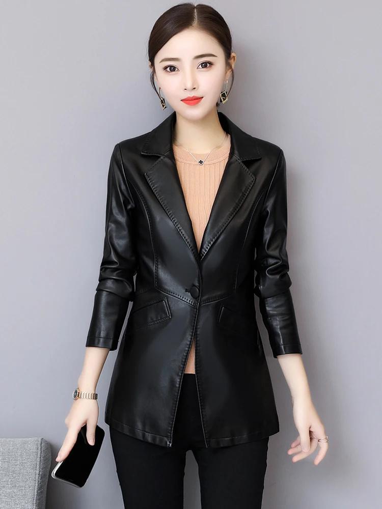 Nouveau Femmes Veste en cuir Automne Hiver Mode Classique Bouton unique Slim Blazer en cuir de mouto