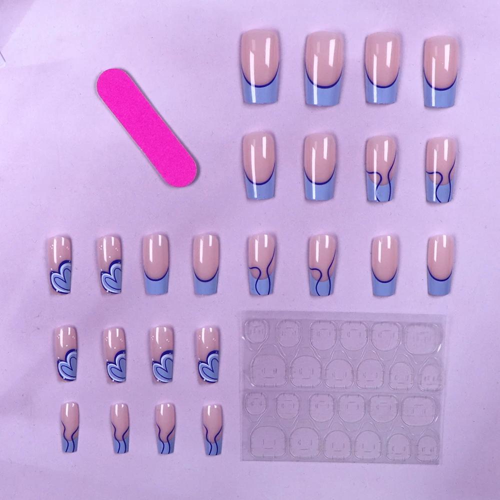 ARTAUG 24 pièces moyen carré bleu haute Saturation ongles bout des doigts garniture française breloq