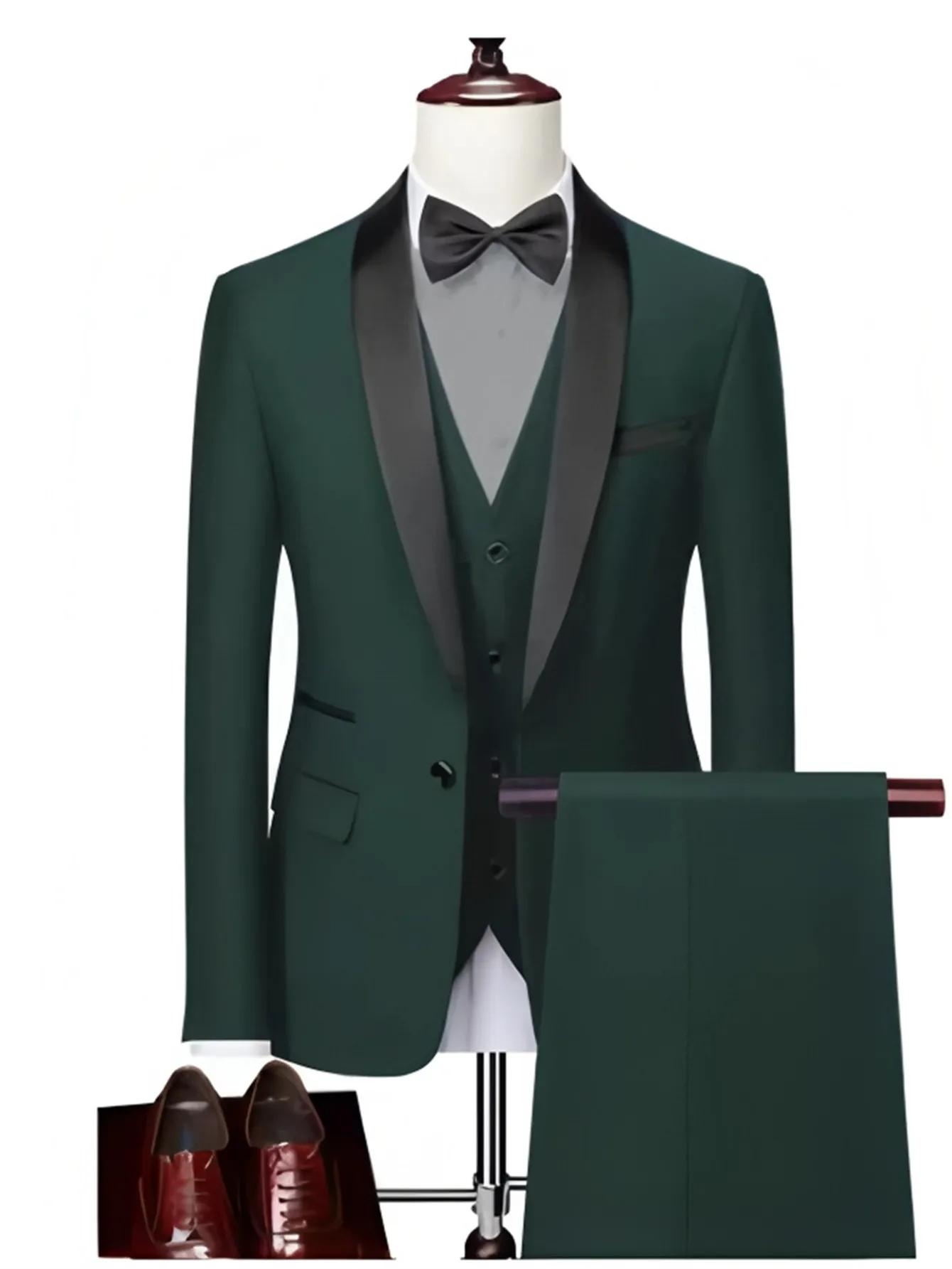 Costume formel trois pièces à col feuille verte pour hommes | Conception de couleurs contrastées,