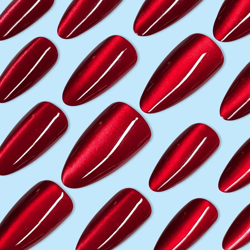 24 pièces brillant rouge oeil de chat presse sur ongles couverture complète couleur nue portable ama