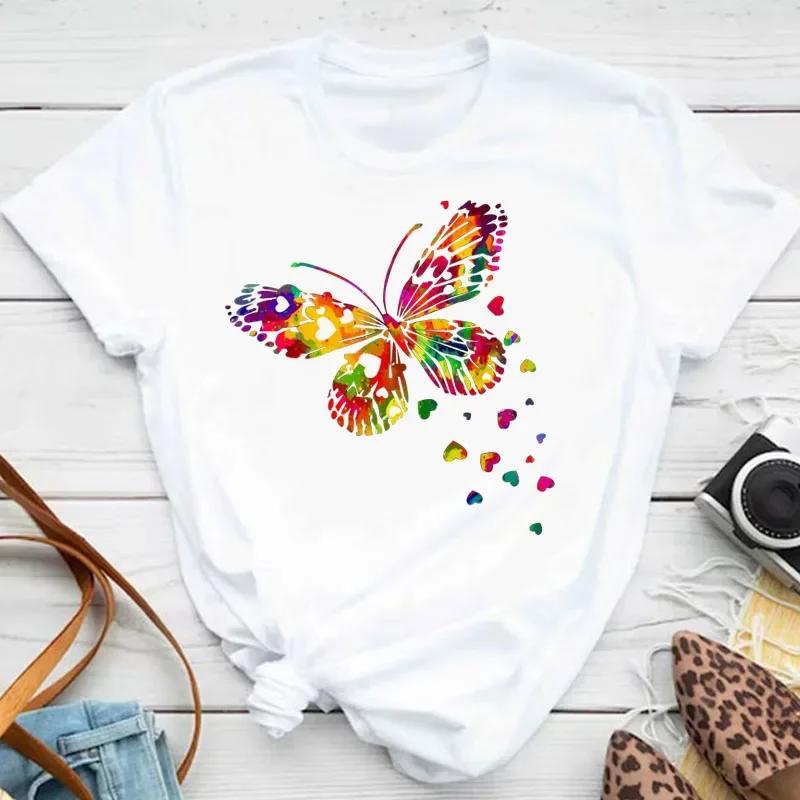 Nouvelle mode femmes T-shirt coloré papillon pétale imprimé à manches courtes et col rond mignon gra