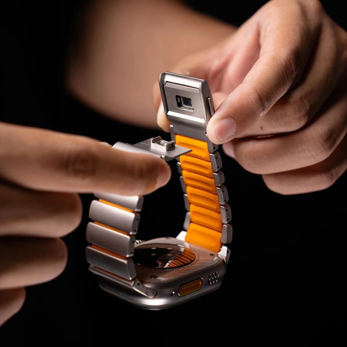 Bracelet en titane + Silicone pour Apple Watch Ultra 3/2/1 49mm S11 46mm, Bracelet magnétique de lux