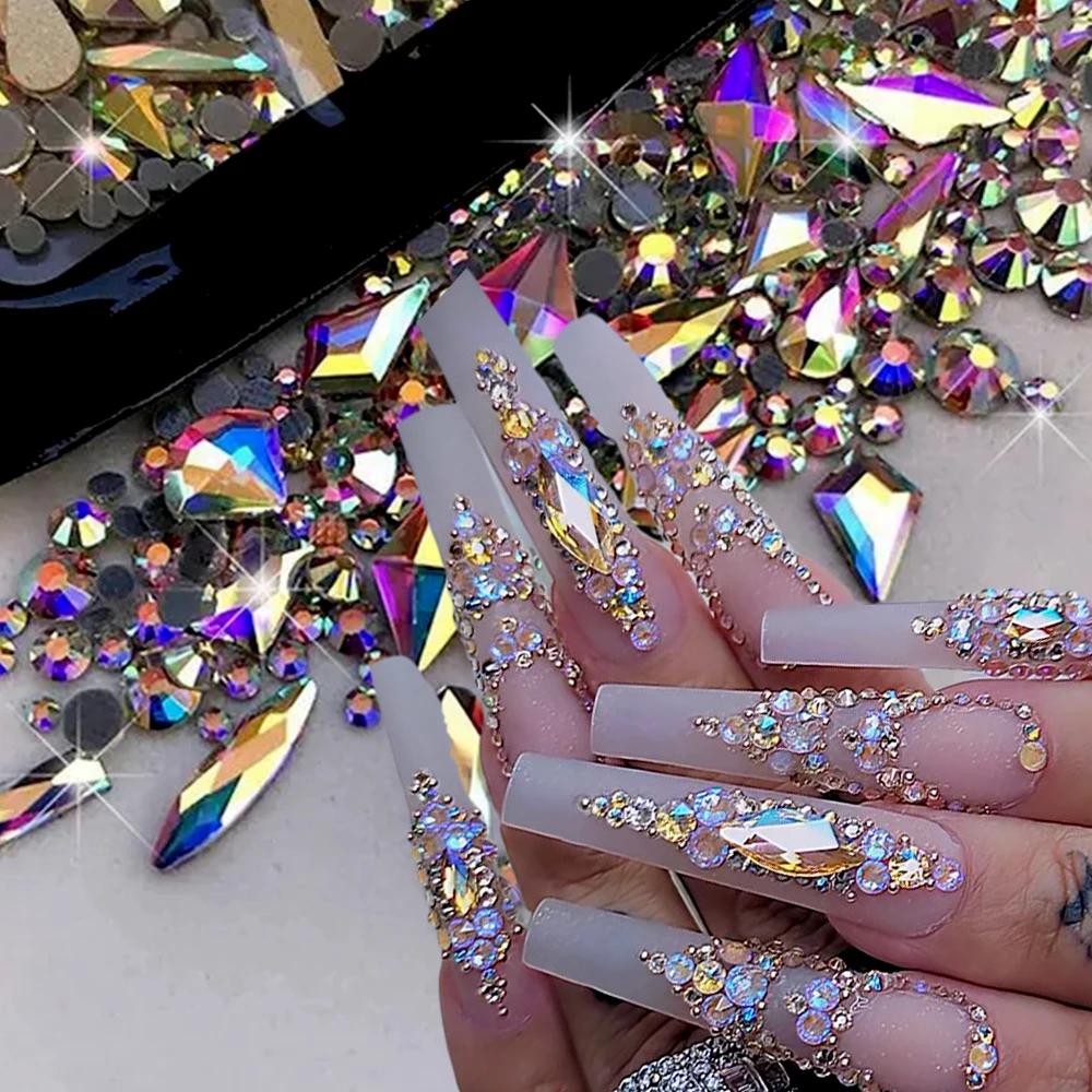 Strass pour Nail Art en verre AB à dos plat, 180 pièces, pierres de diamant mélangées multi-formes,