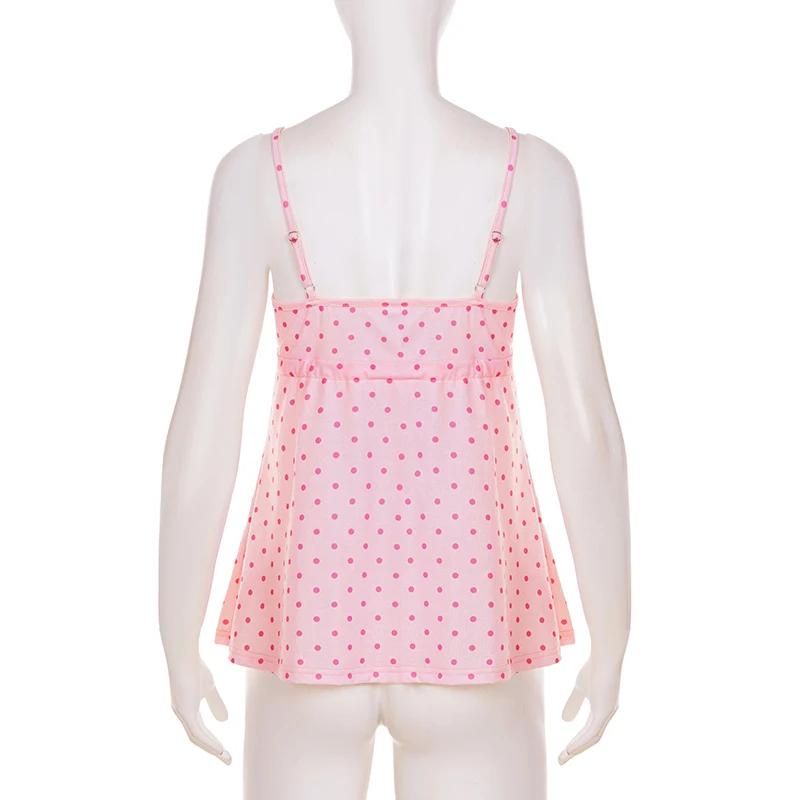 SUCHCUTE Chic doux mignon à pois imprimé nœud à lacets Camisole femmes col en V sans manches haut co