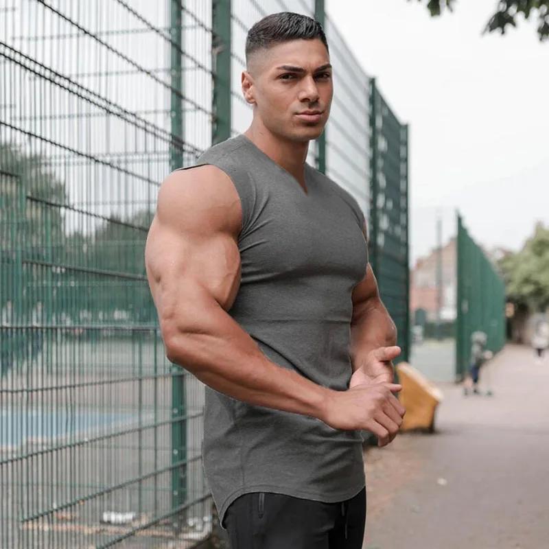 Débardeur d'été en coton respirant à col en v pour hommes, chemise sans manches pour entraînement, c