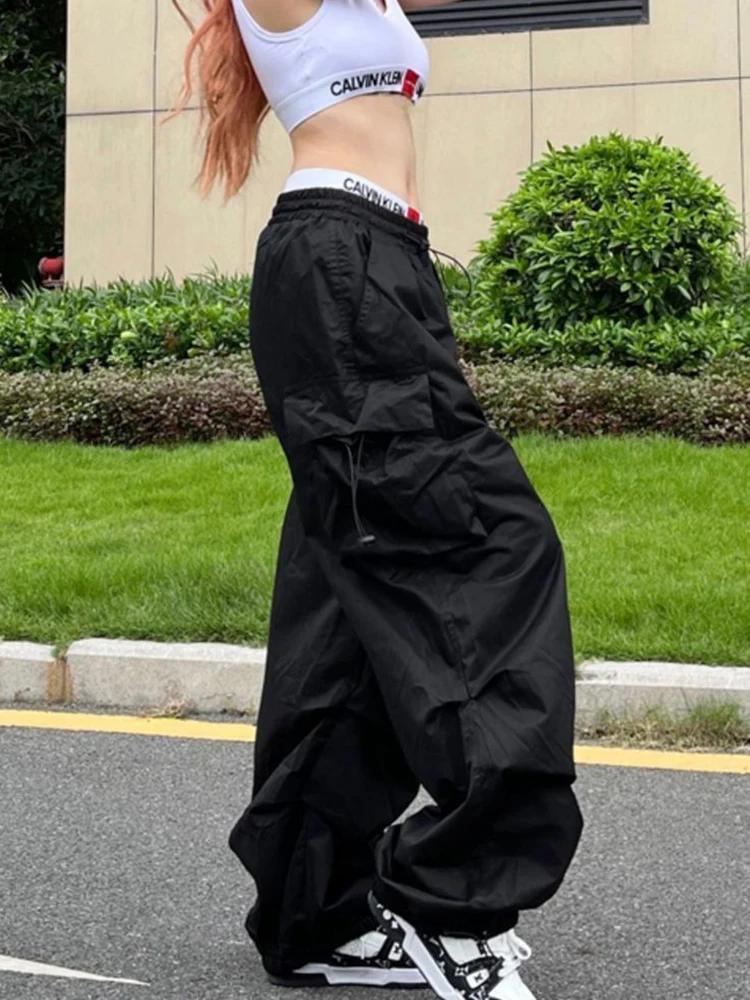 Y2K Parachute noir pantalon femmes Hippie Streetwear poches surdimensionnées Cargo pantalon Harajuku