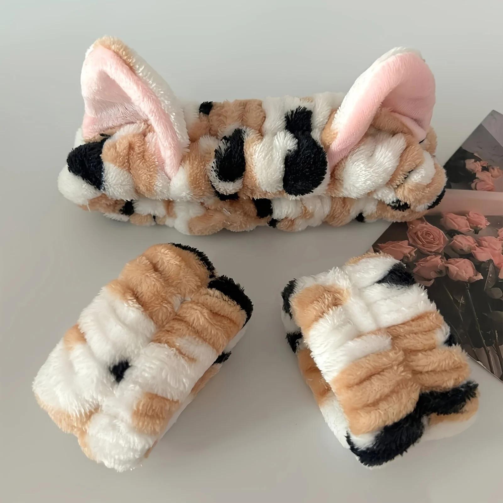 3 pièces lavage visage bandeau doux confortable en peluche bandeau bracelet ensemble pour les filles