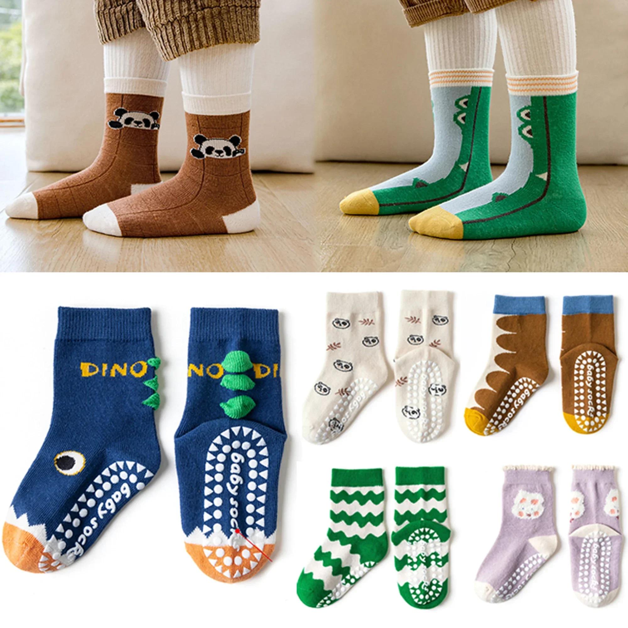 5 paires de chaussettes antidérapantes en coton pour enfants, chaussettes de sol à fleurs de dessin