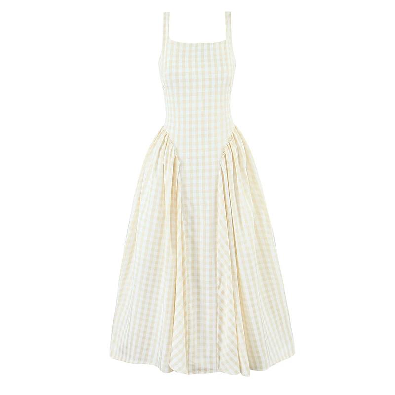 YENKYE à lacets pansement Plaid Robe à bretelles femmes élégant col carré taille basse a-ligne Midi