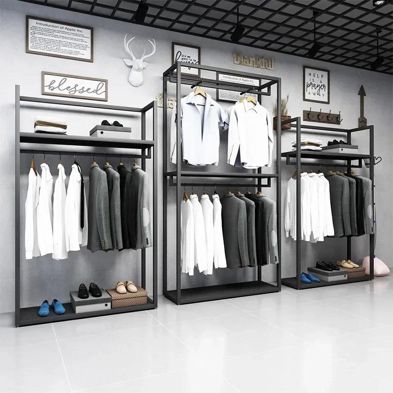 Étagère de présentation pour magasin de vêtements pour hommes, noire, double niveau, sur pied, pour