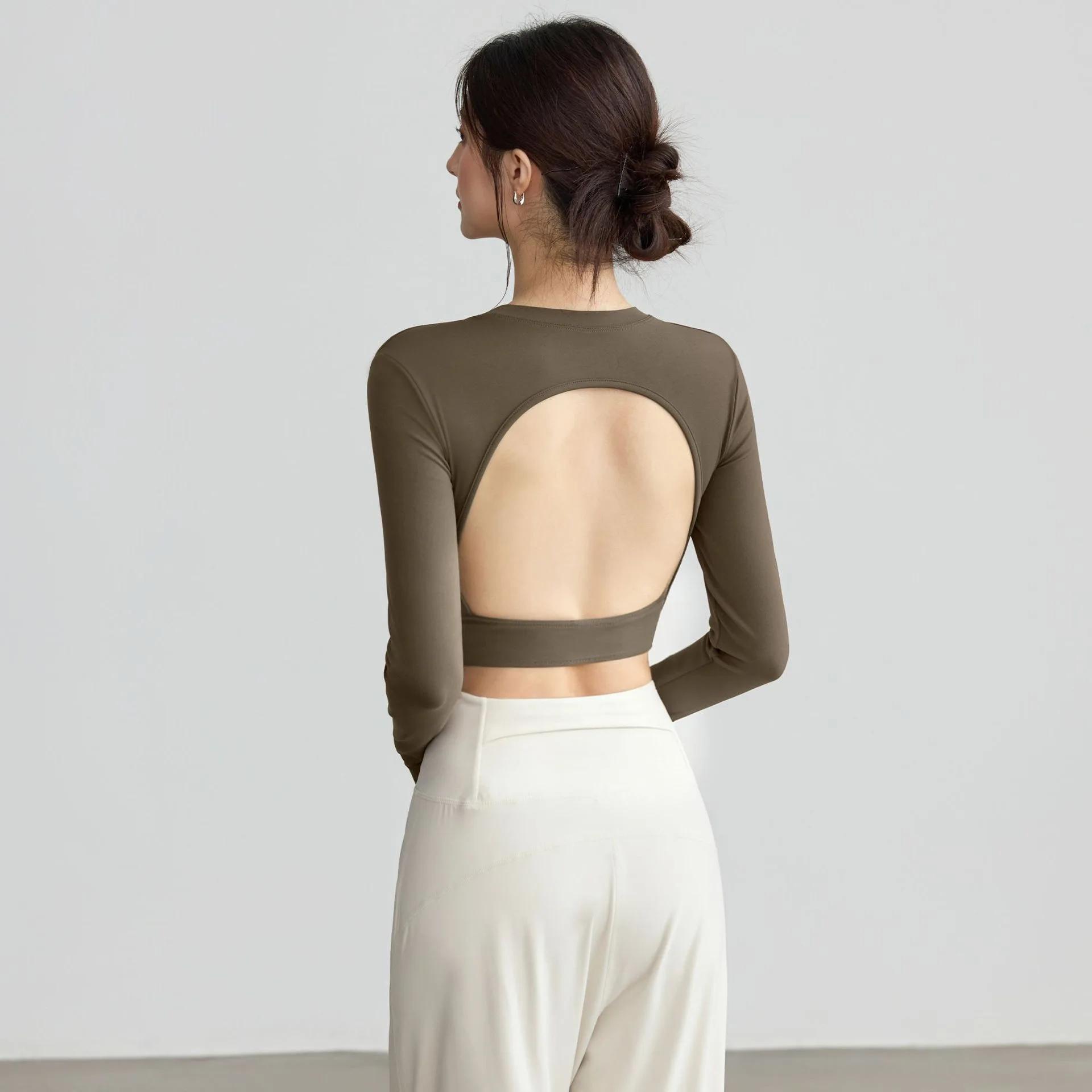 Femmes Sexy évider bretelles haut de sport coussinets manches longues Yoga Fitness Pilates haut d'en