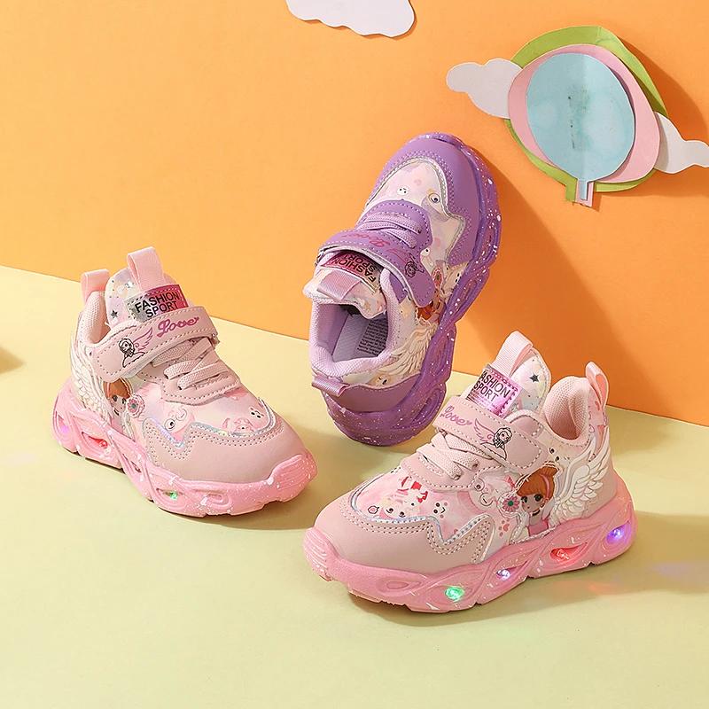 Nouvelles baskets LED 2026 pour enfants, chaussures de princesse mignonnes à motif de dessin animé p