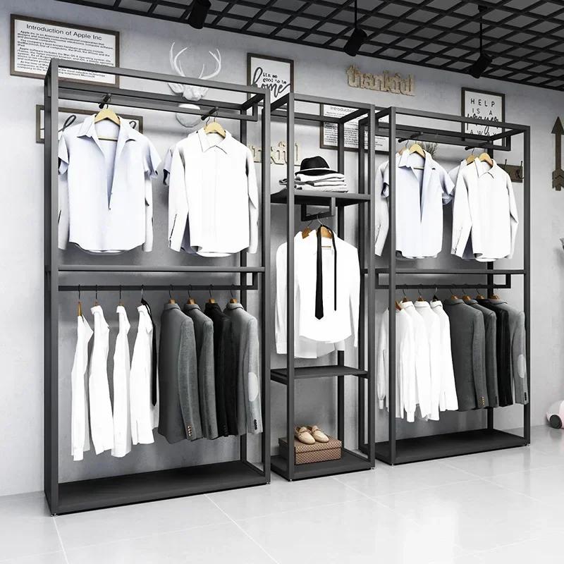 Étagère de présentation pour magasin de vêtements pour hommes, noire, double niveau, sur pied, pour