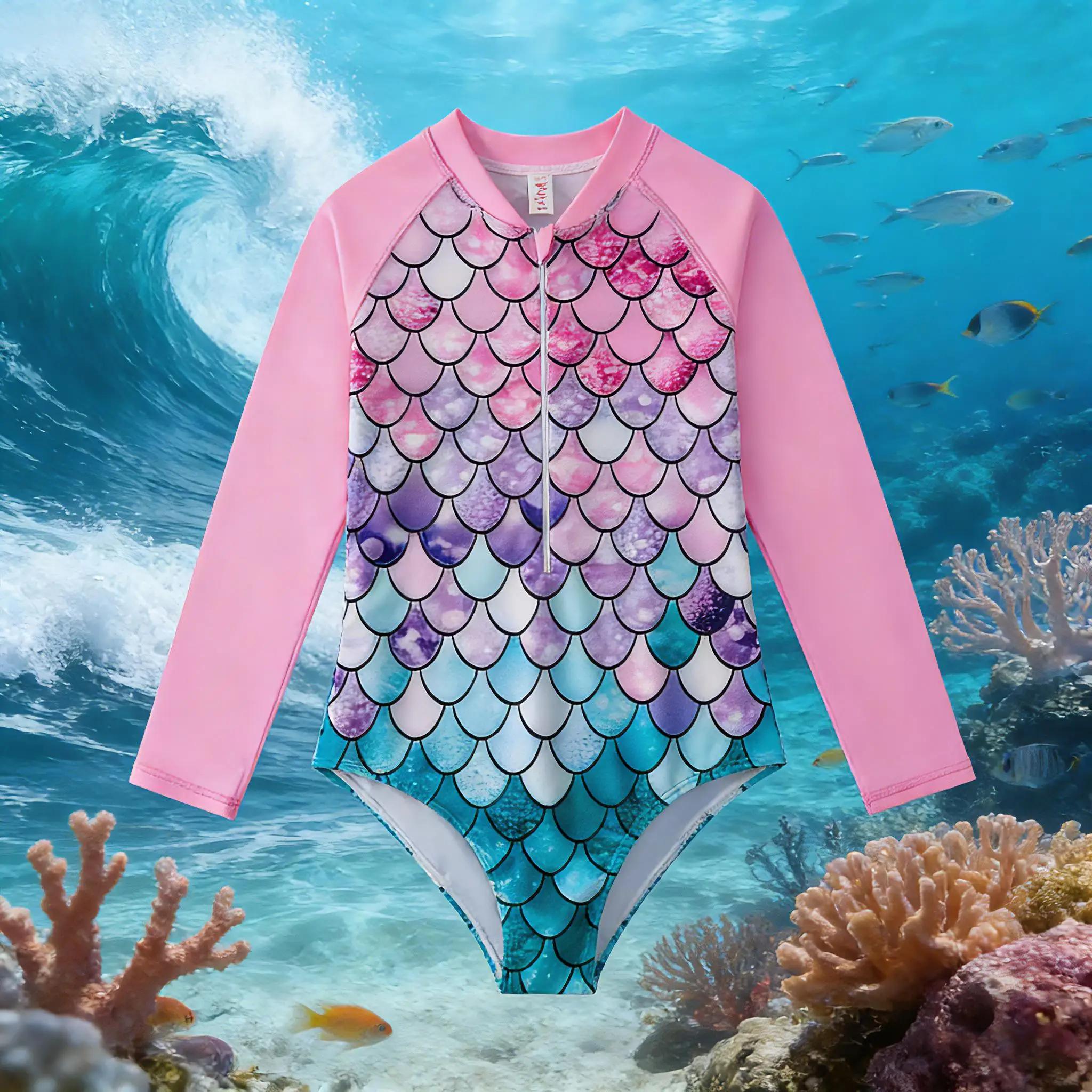Maillot de bain sirène irisé pour filles de 3 à 8 ans, manches longues, protection contre les érupti