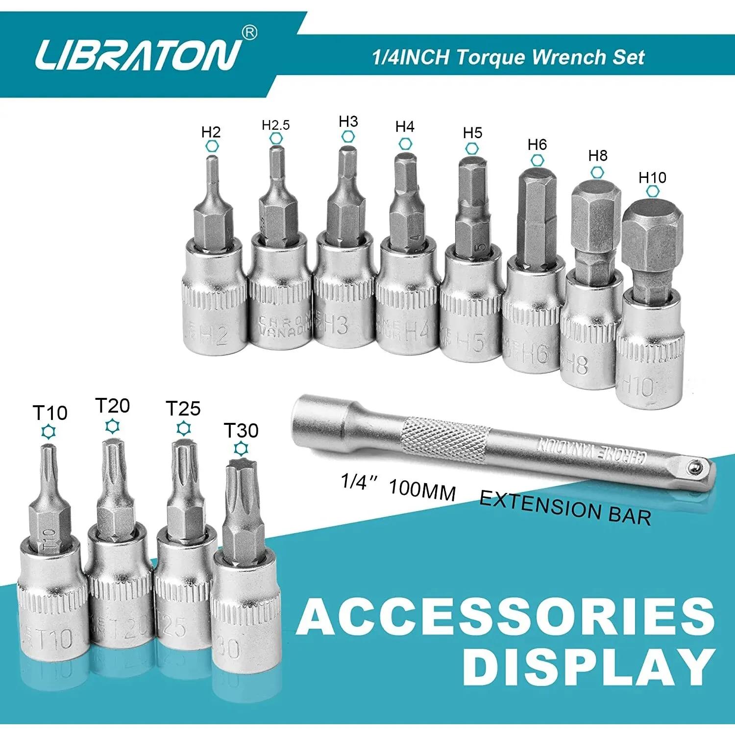 LIBRABOU- Ensemble de douilles de couple pour vélo, Hex, Torx, Star Bit, 1/4 en effet, 5-25Nm, 0.1 N