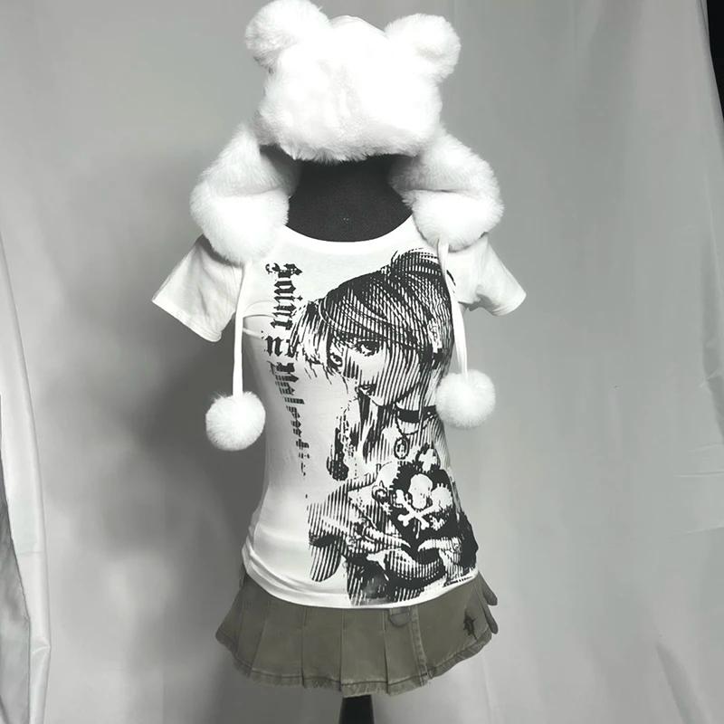 Y2k anime Streetwear col rond 90s texte impression hauts femmes Harajuku vêtements Simple Vintage T-