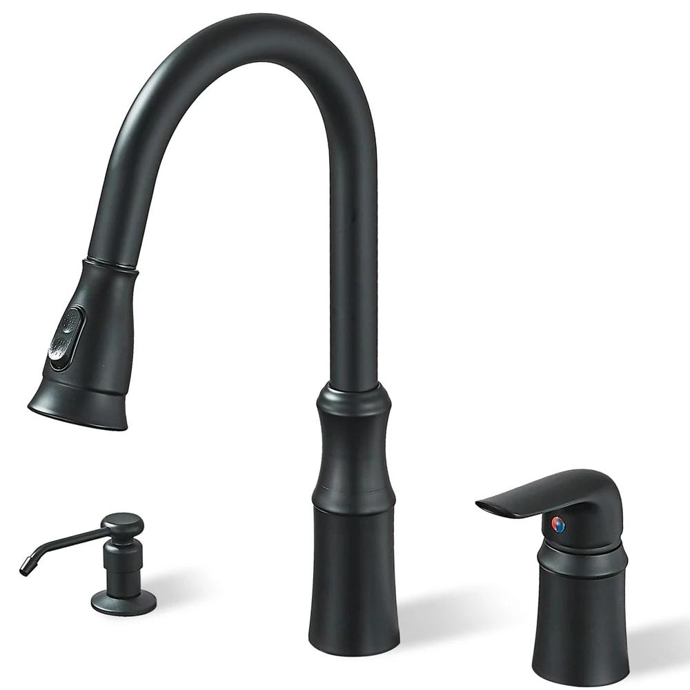 Robinet d'évier de cuisine, robinets de cuisine à 3 trous avec pulvérisateur extractible, robinets d