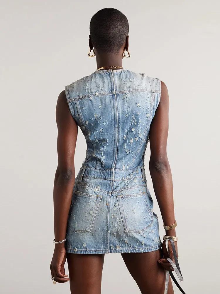 DEUX DEUX STYLE Denim évider robes pour femmes col rond sans manches tunique Patchwork poches Vintag