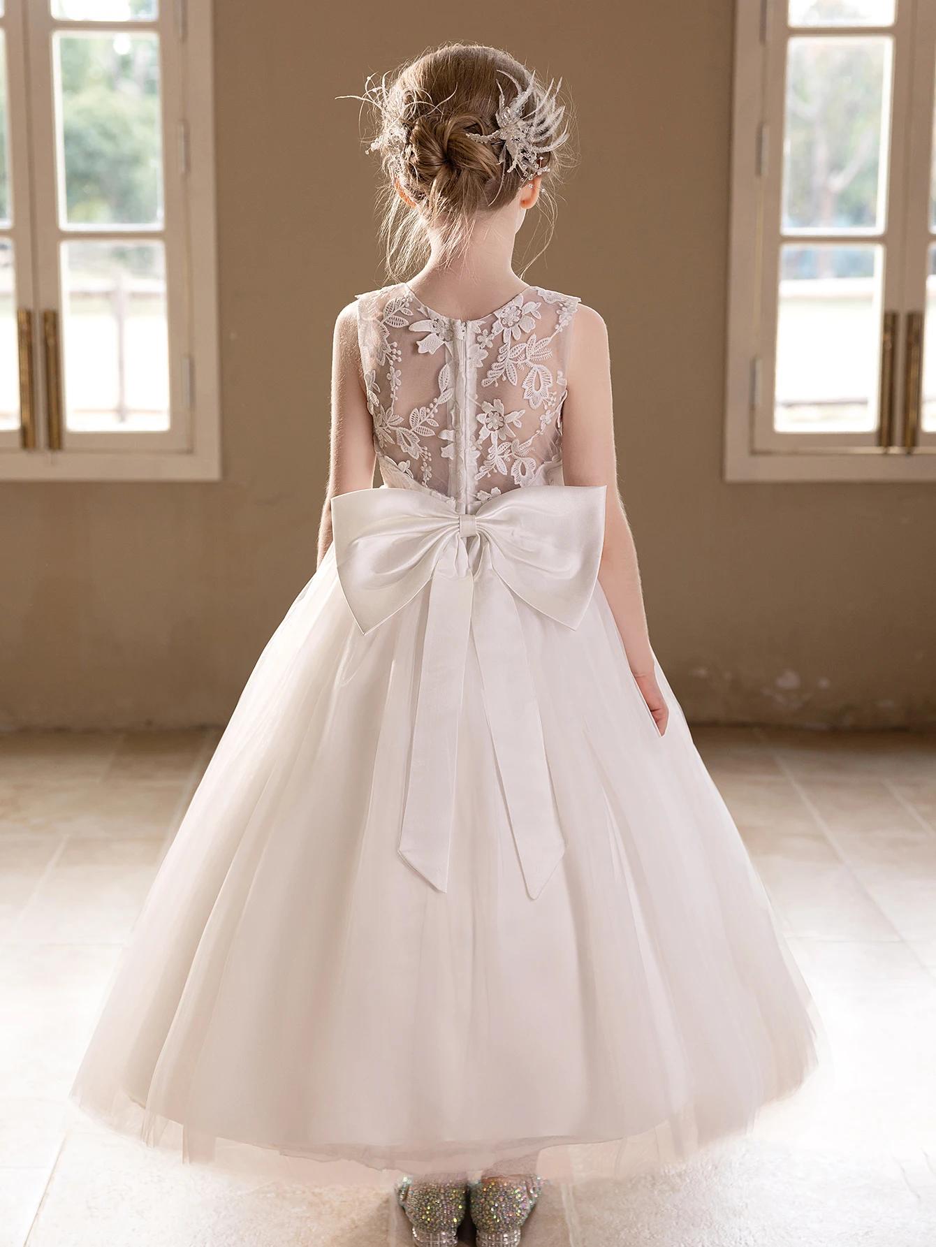 Robe de mariée en gaze blanche pour adolescentes, broderie en dentelle, grand nœud, robe de soirée g