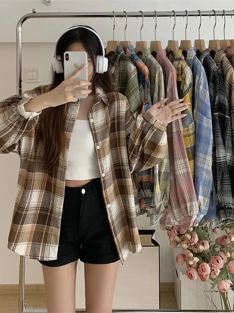 Chemise à carreaux pour femmes, haut à manches longues, Vintage, mode, simple boutonnage, Style Prep