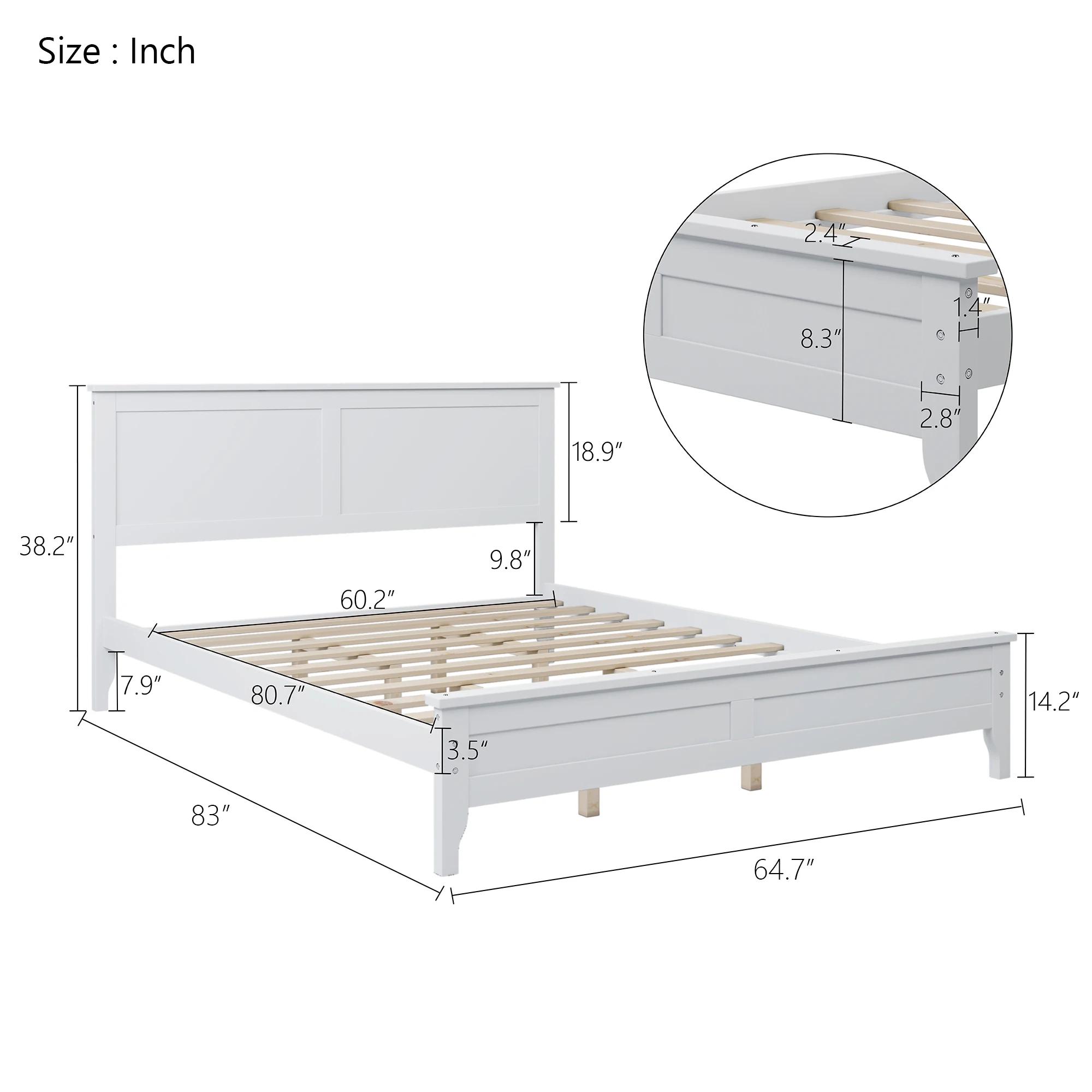 Lit à plateforme moderne en bois massif blanc, queen size