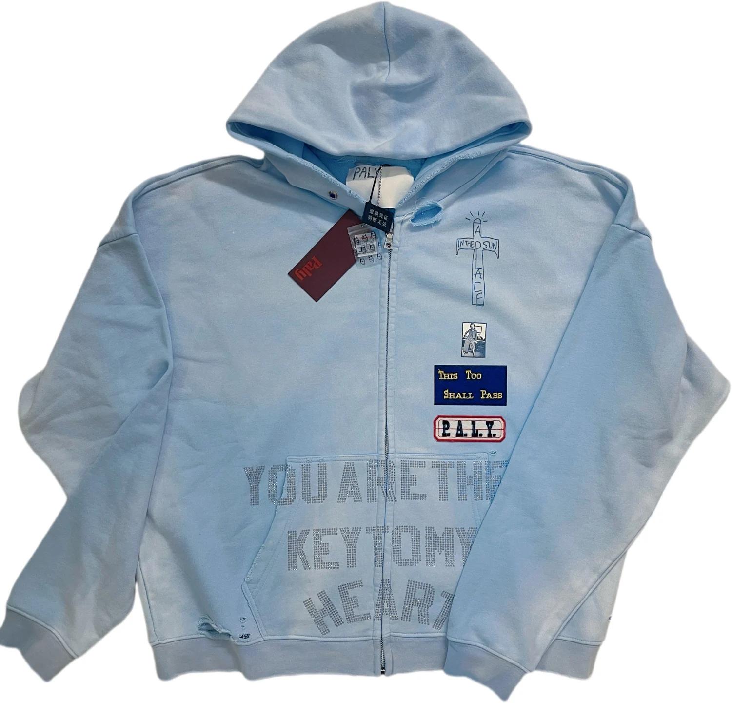 2025fw Paly diamant sweat à capuche avec fermeture éclair hommes femmes Vintage lavé bleu endommagé