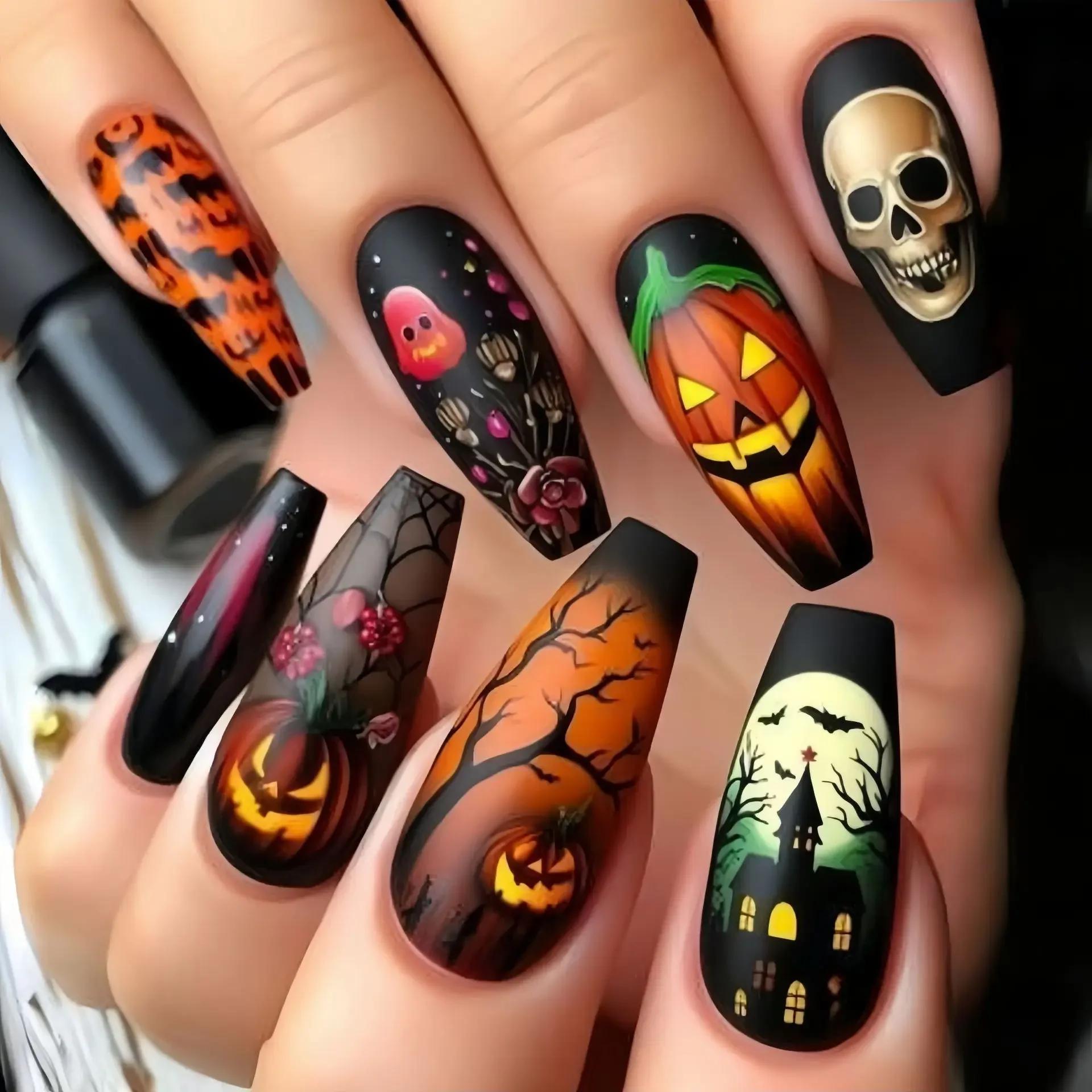 24 faux ongles longs rouge foncé avec colle, motif crâne et fleurs d'horreur, style français à press