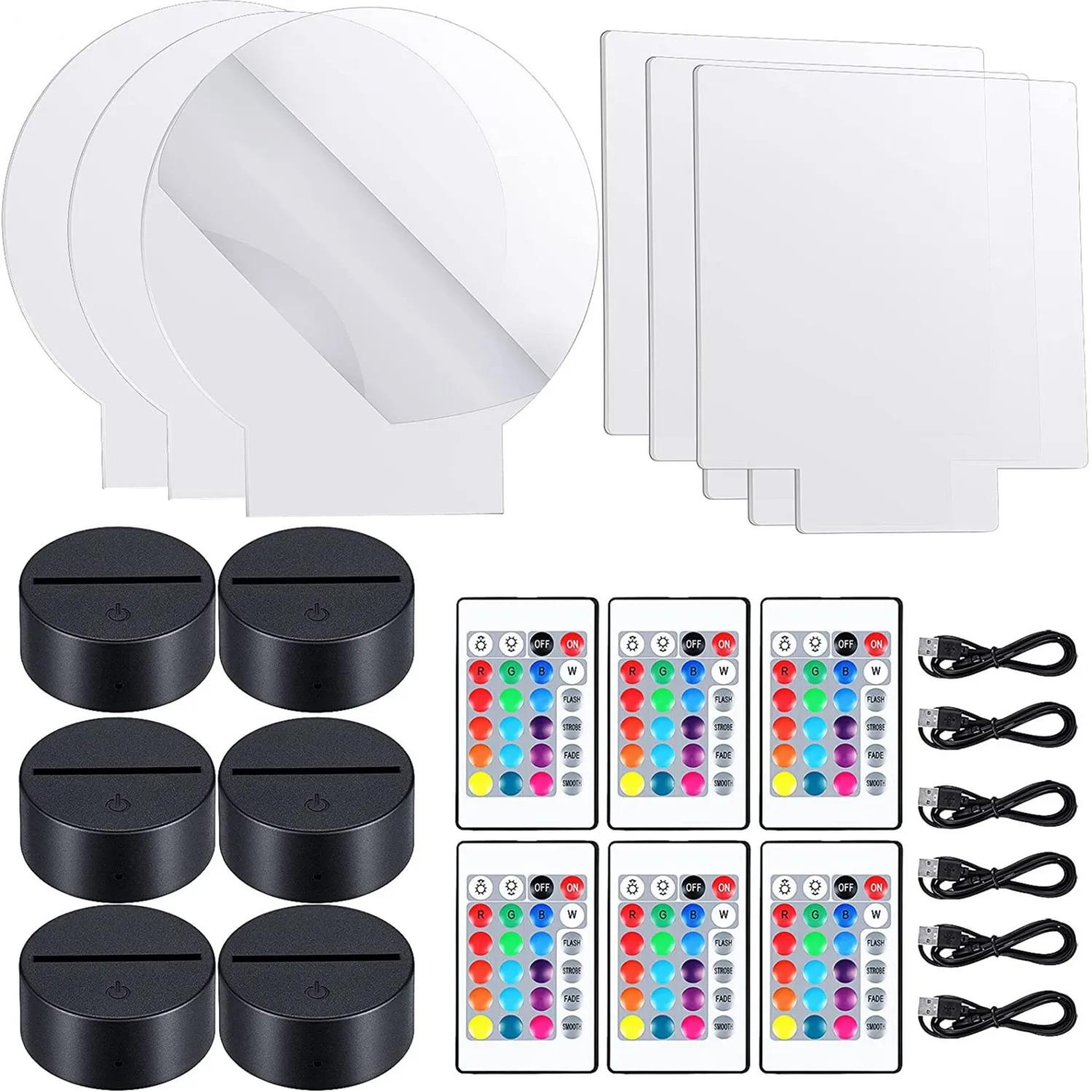 6 ensembles de lampes LED de nuit 3D, comprenant 6 supports d'affichage lumineux et feuilles acryliq