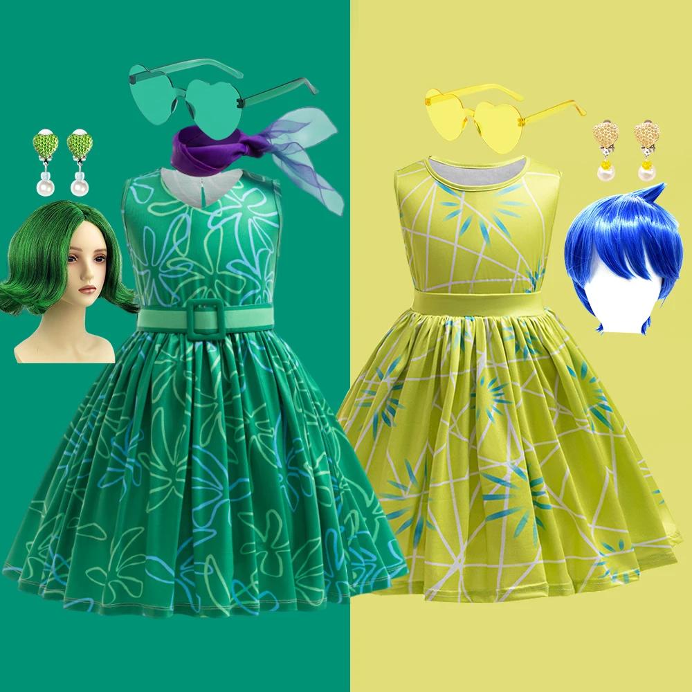 Robe verte imprimée complète pour enfants filles, 3 pièces, robe Cosplay + écharpe + ceinture, dégui