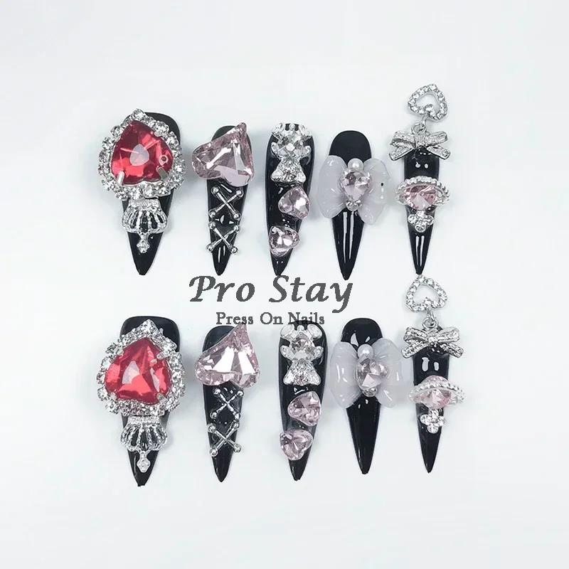 Faux ongles artificiels noirs foncés Y2k, faits à la main, à pression, doux et frais, avec diamant,