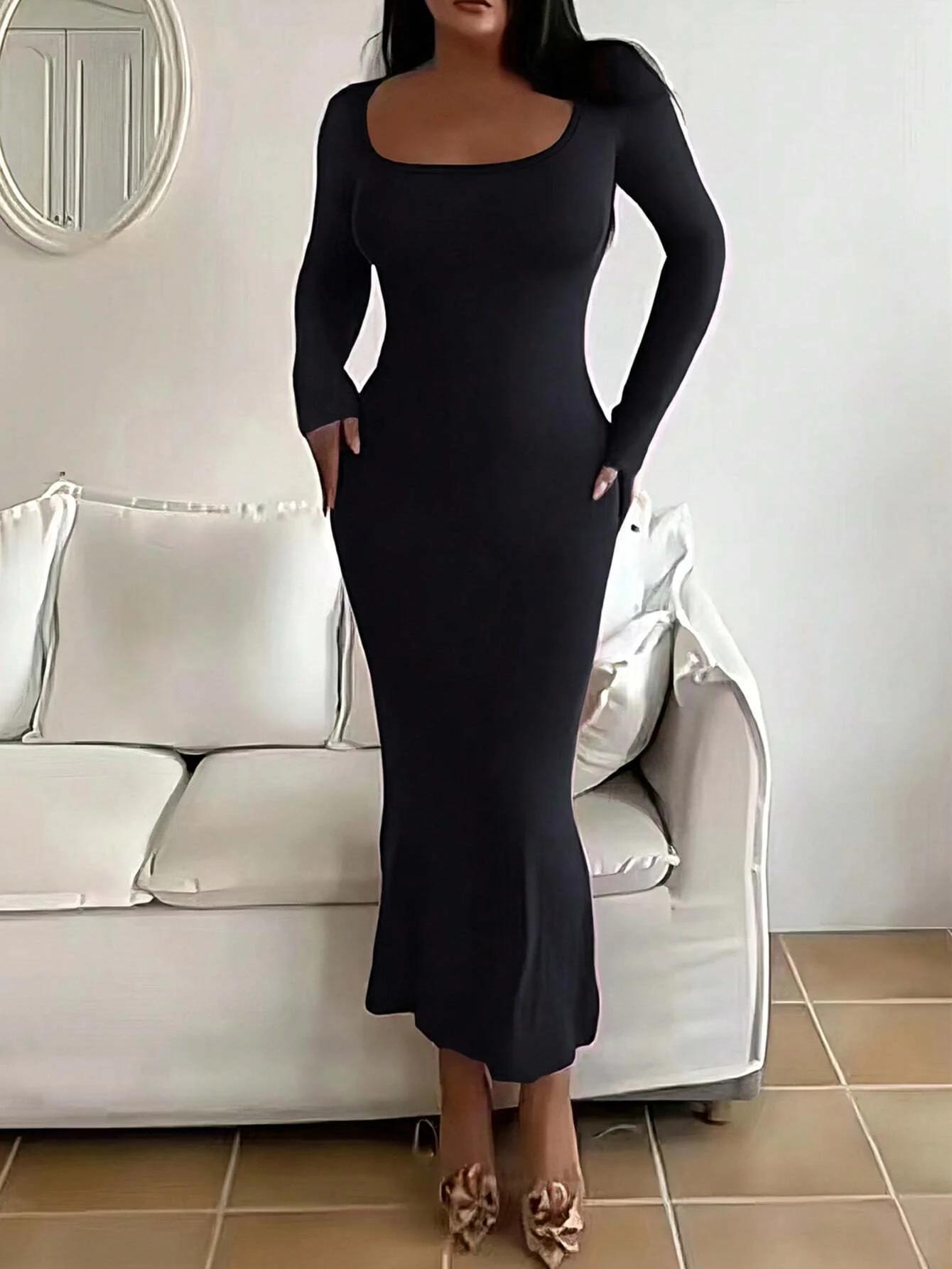 Robe moulante à manches longues pour femmes, robe longue Chic basique minimaliste décontractée à la