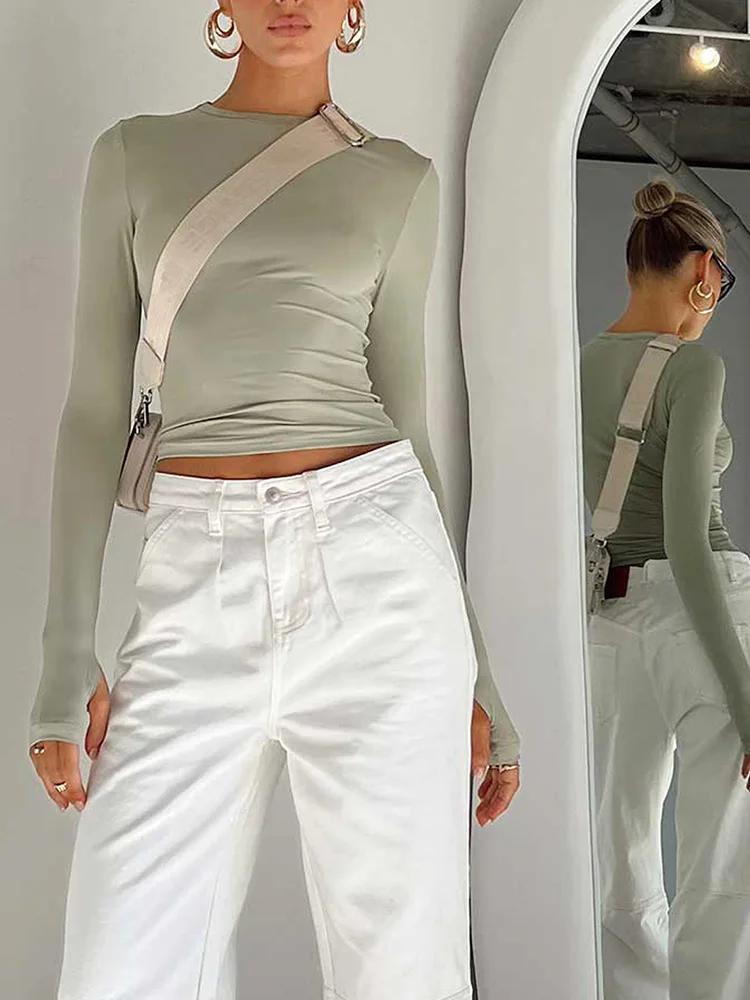 Mode femmes T-shirt à manches longues col rond solide coupe ajustée dames haut court avec trous pour