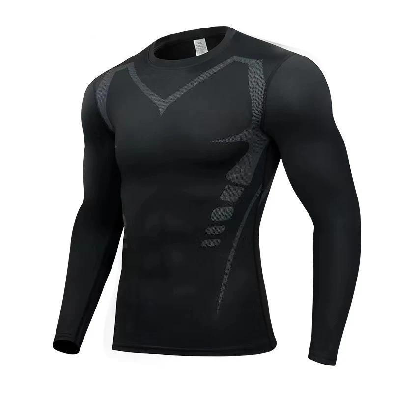 T-shirt de sport à manches longues pour hommes, coupe ajustée, absorbant la sueur, respirant, combin