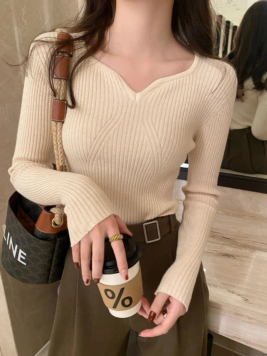 Pull-over chic à col en V basique pour femme, tricoté côtelé, manches longues, coupe ajustée, haute