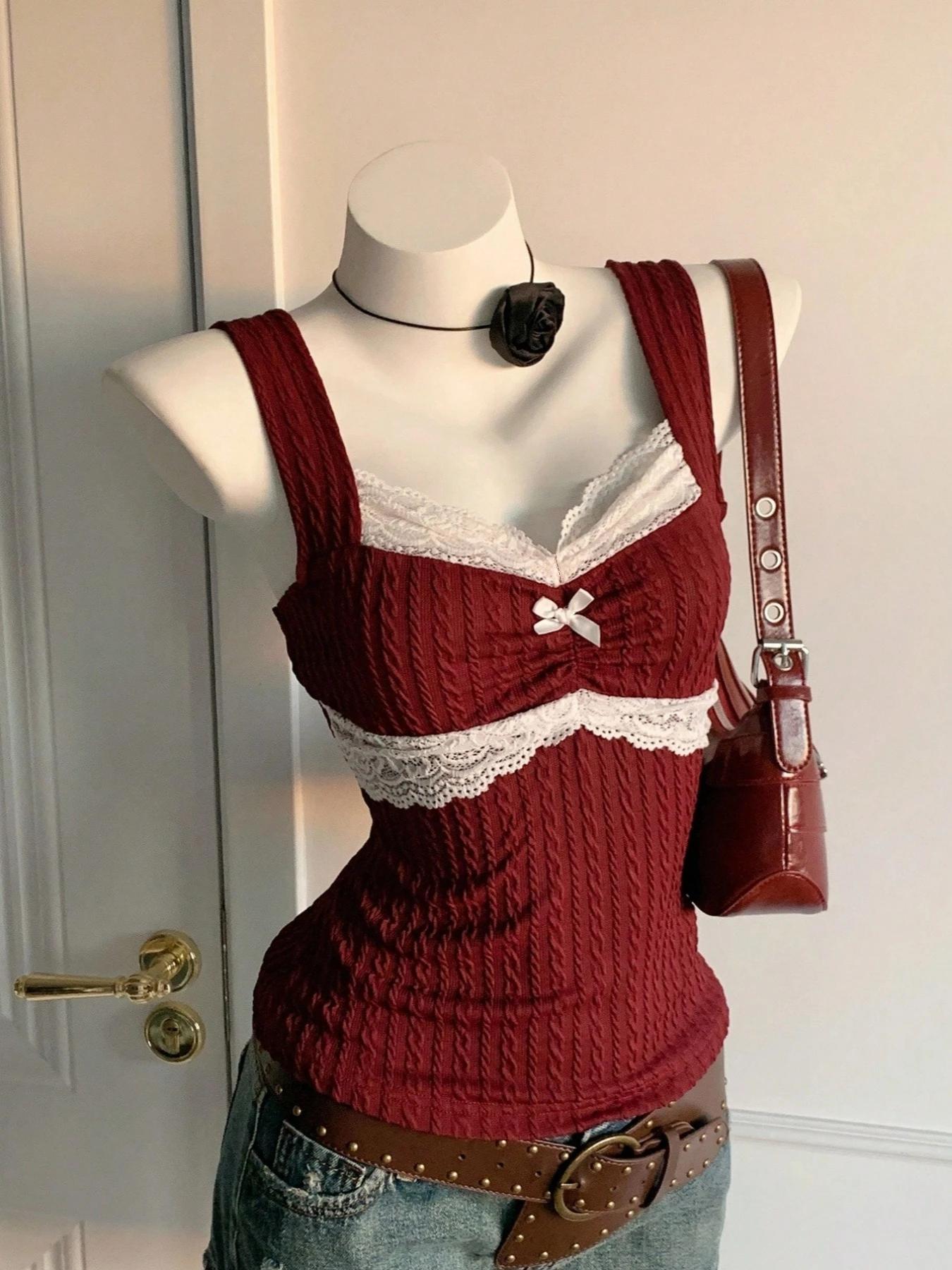 Nouveau débardeur femme Y2K tendance été avec dentelle et nœud décoratif, style pur et séduisant