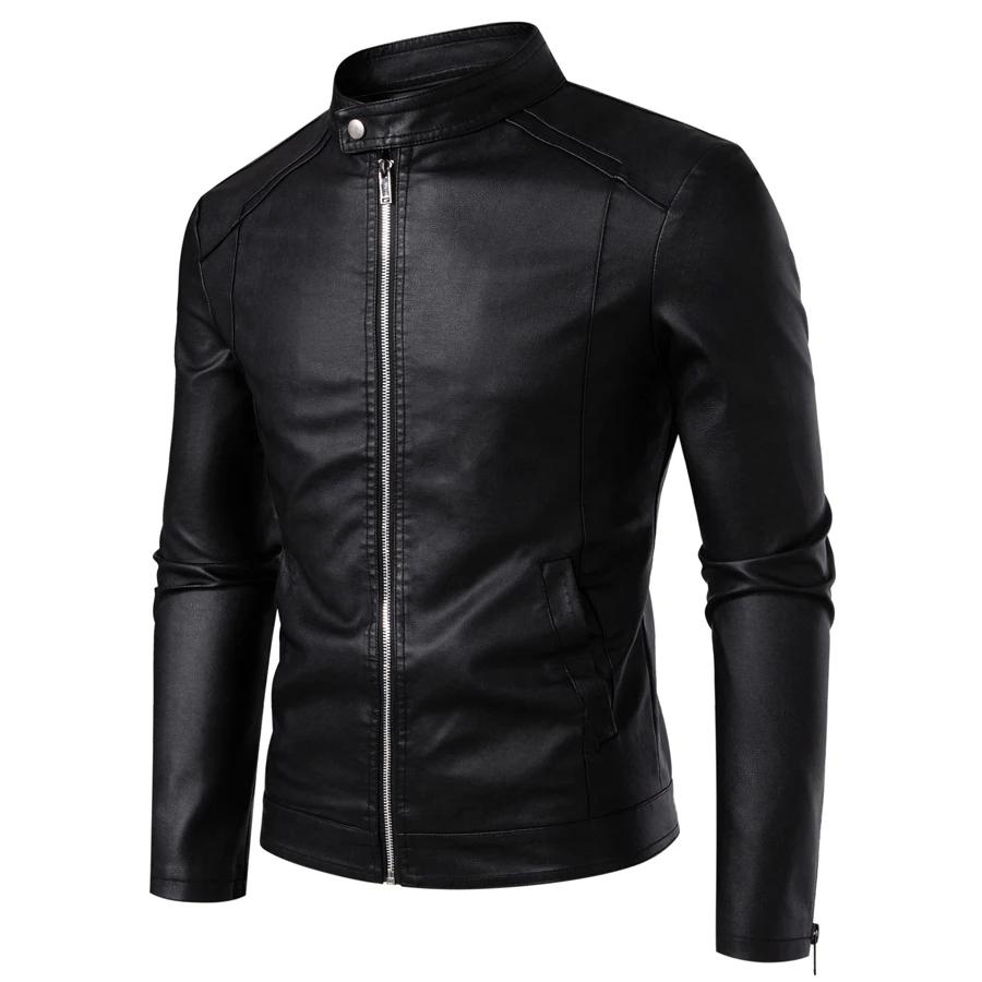 Blouson en cuir PU ajusté pour homme à col montant, style motard, tendance printemps-automne