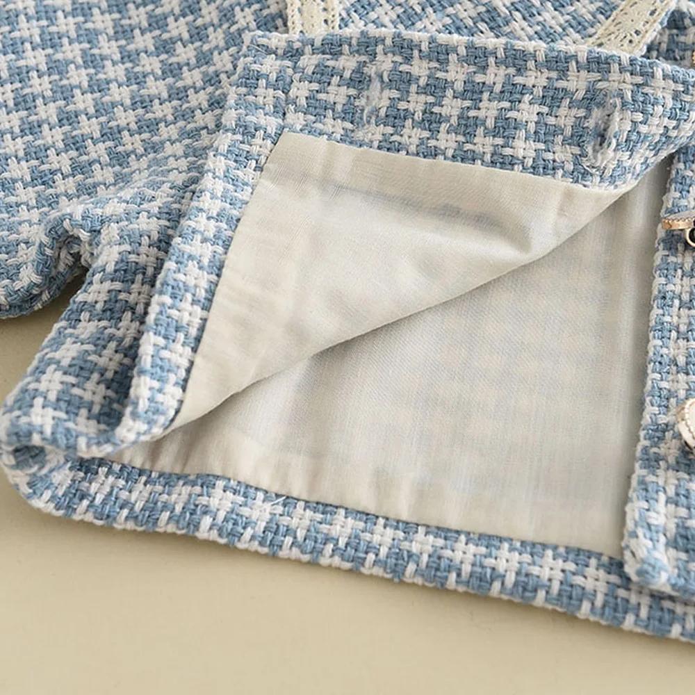 Ensemble 3 pièces à carreaux mille oiseaux pour fille – Manteau à gros revers + jupe gilet + cartabl