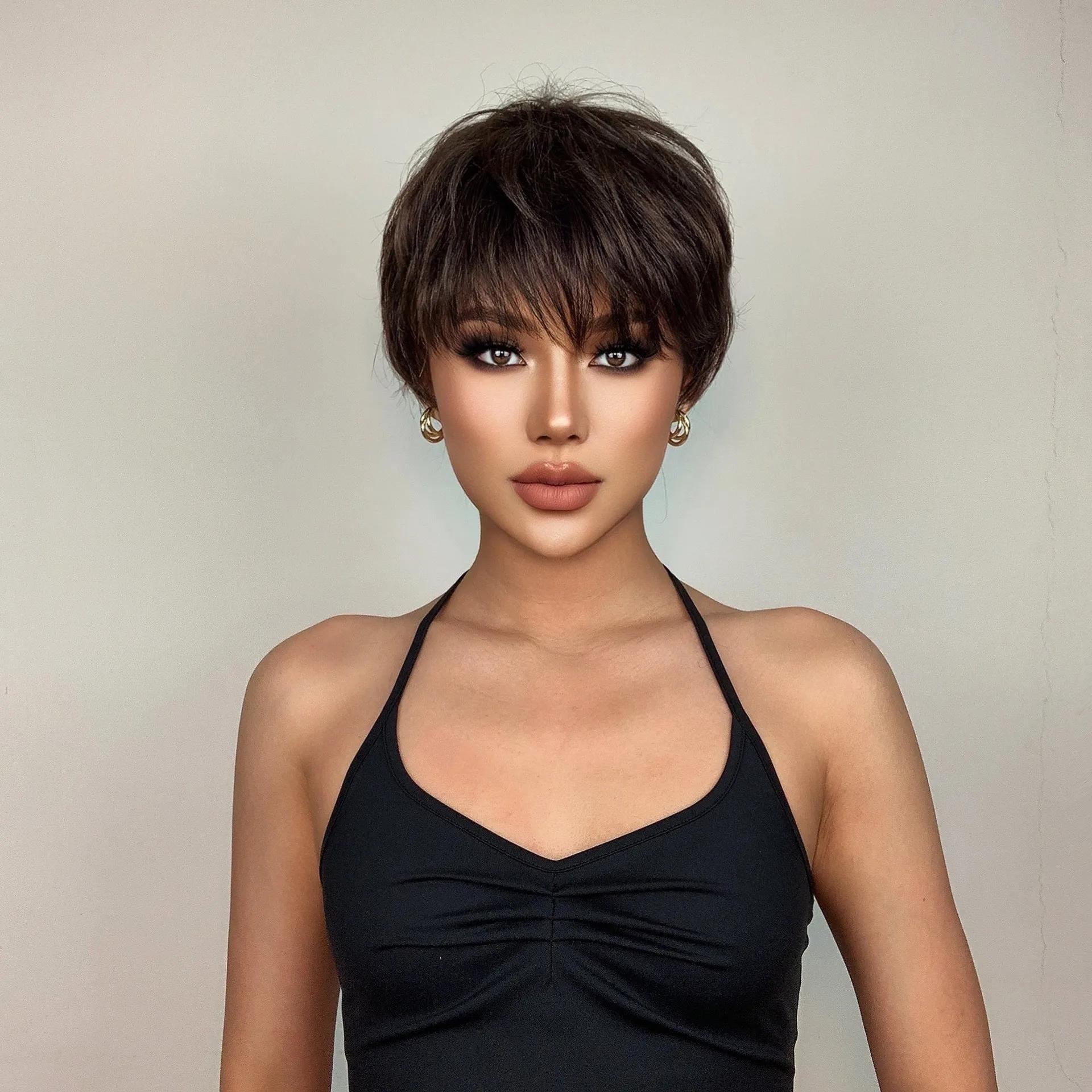 Perruques pour femmes fibre synthétique courte droite bandeau de cheveux frange noir brun cheveux co