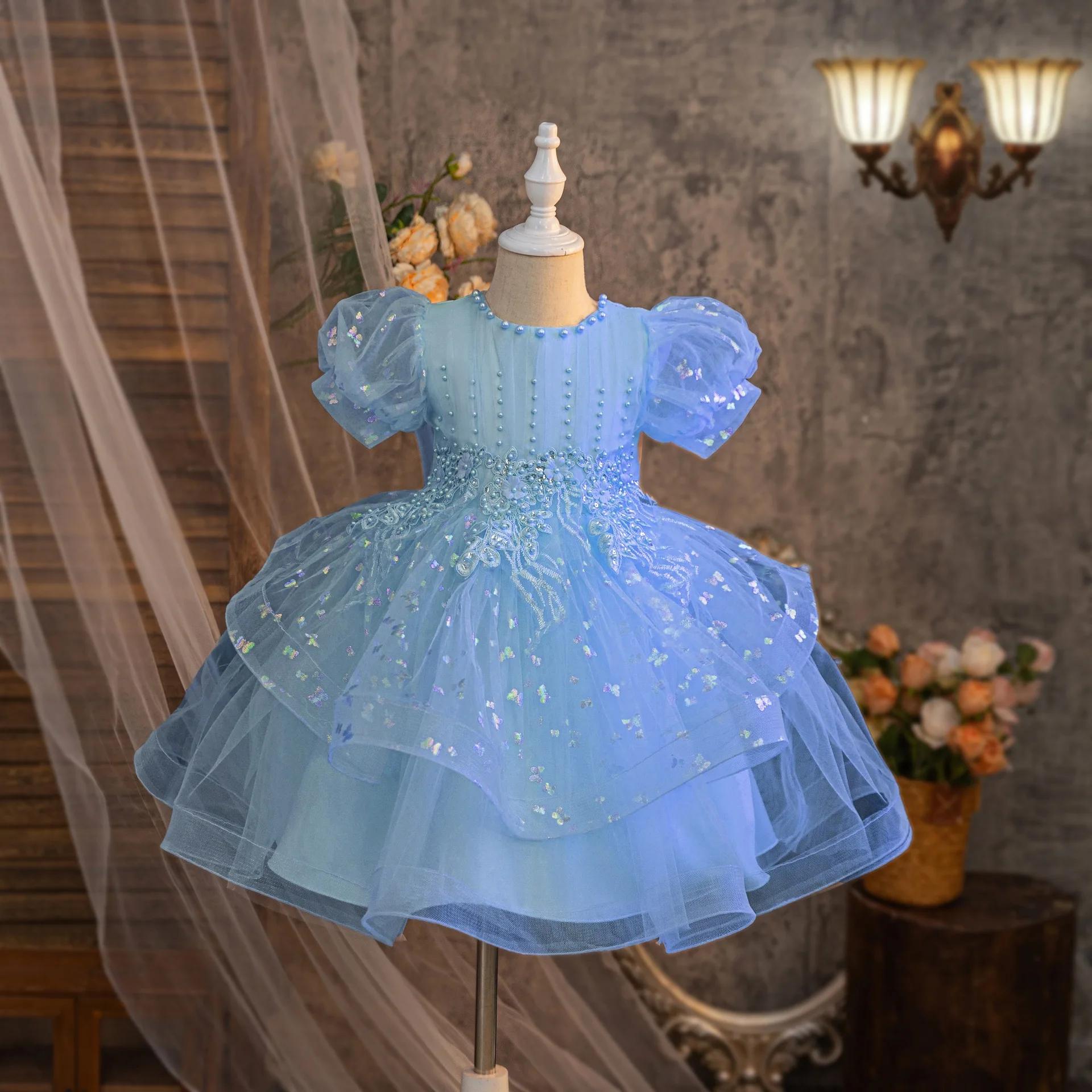 Jupe moelleuse brodée de perles avec nœud pour filles, robe d'été en maille pour anniversaire de béb