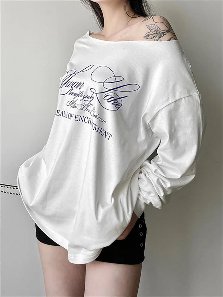 Sisterlinda quotidien Style polyvalent T-Shirts femmes lettre impression épaule inclinée manches lon