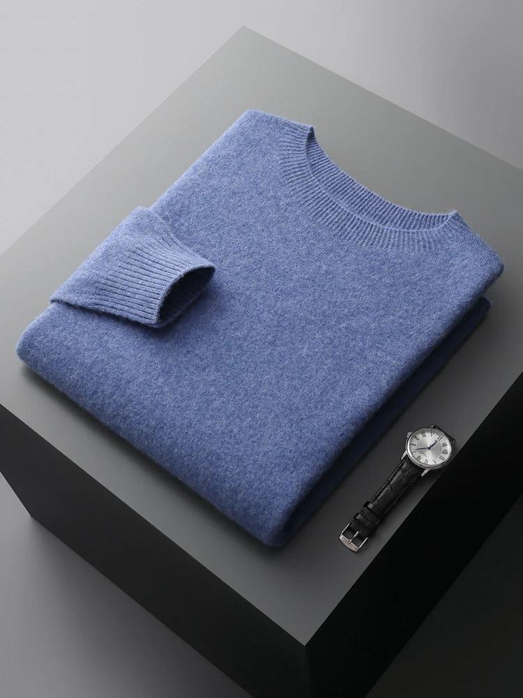 Pull basique en laine sans couture pour homme, col rond, couleur unie, 100% laine mérinos, tricot dé