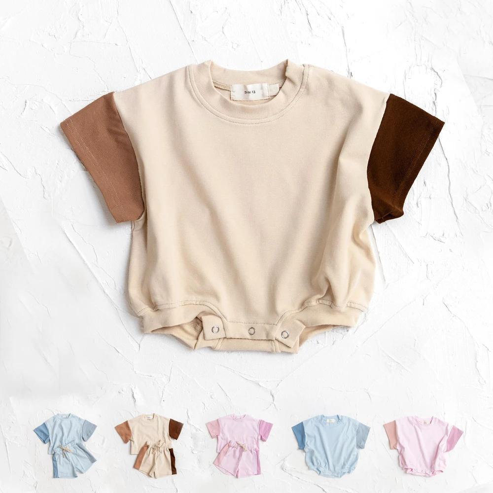 Barboteuse pour nouveau-né fille et garçon, combinaison une pièce en coton à manches courtes avec bo