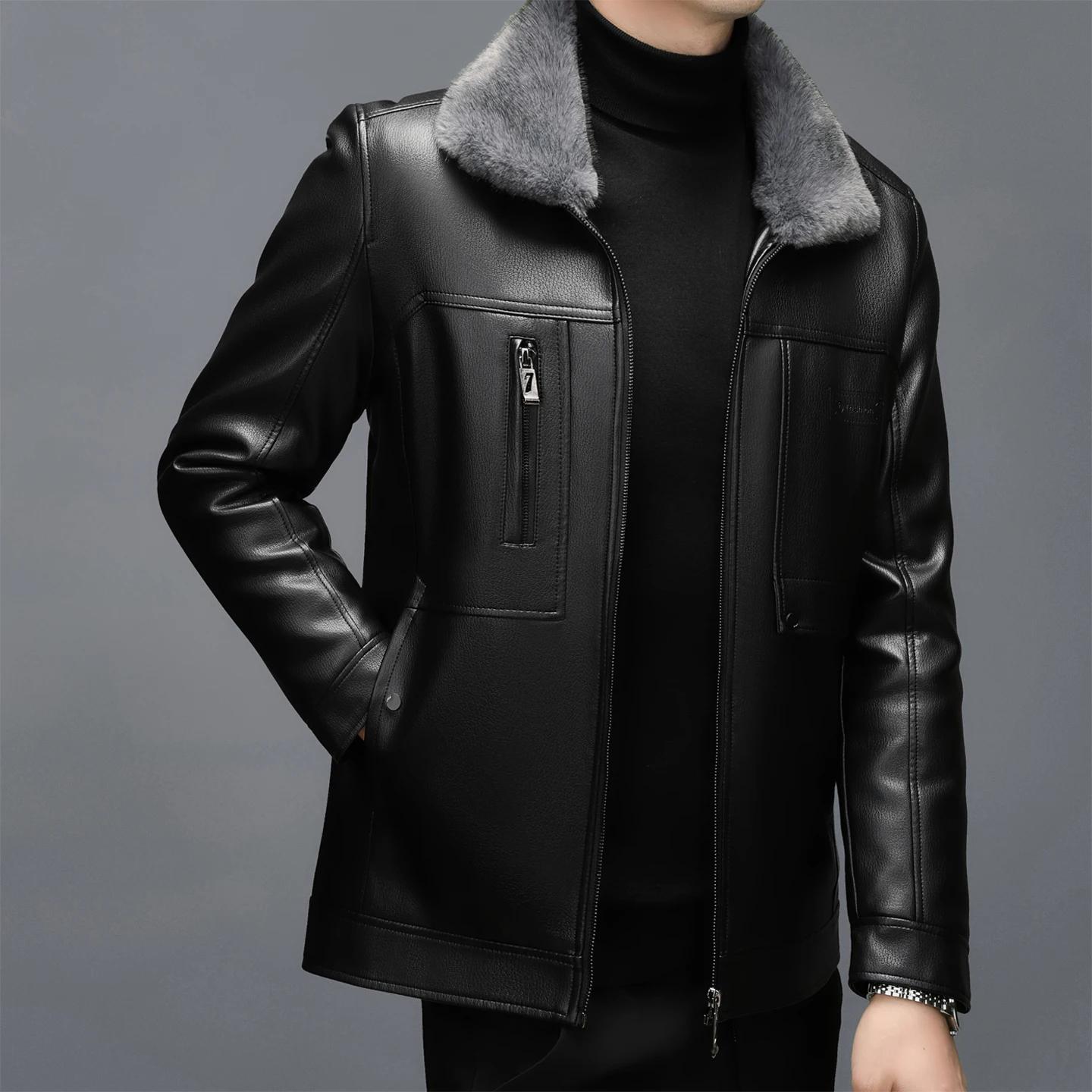 Manteau en cuir véritable pour hommes, avec fourrure, col une pièce, peau de mouton, haut court, épa