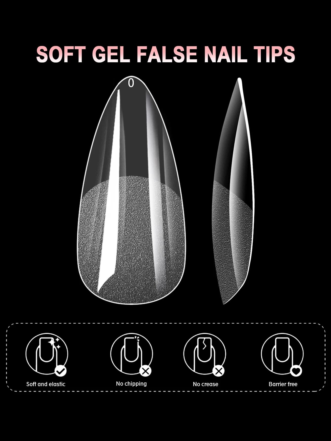 100/600 faux ongles courts en forme d'amande, en gel souple, couvrants, pour ongles en acrylique, à